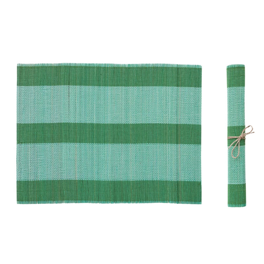 Hand-Woven Bamboo Placemat with Teal & Green Stripes