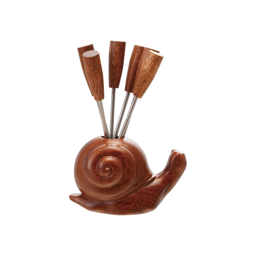 Wood Snail Shaped Holder with 6 Appetizer Picks