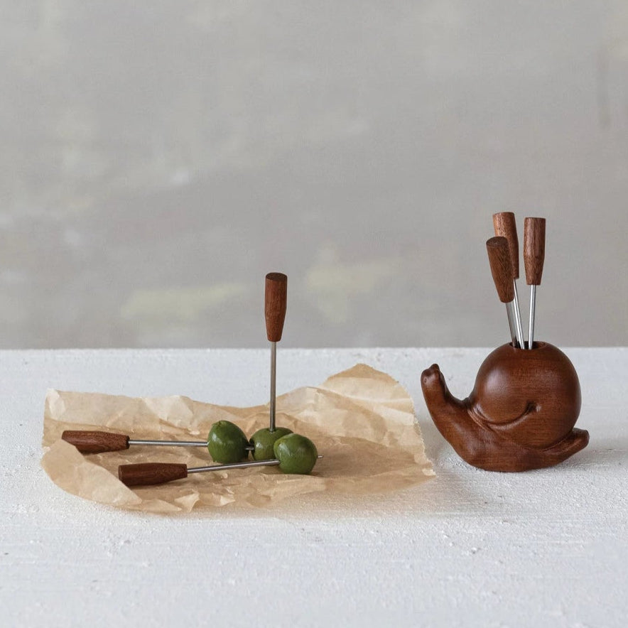 Wood Snail Shaped Holder with 6 Appetizer Picks