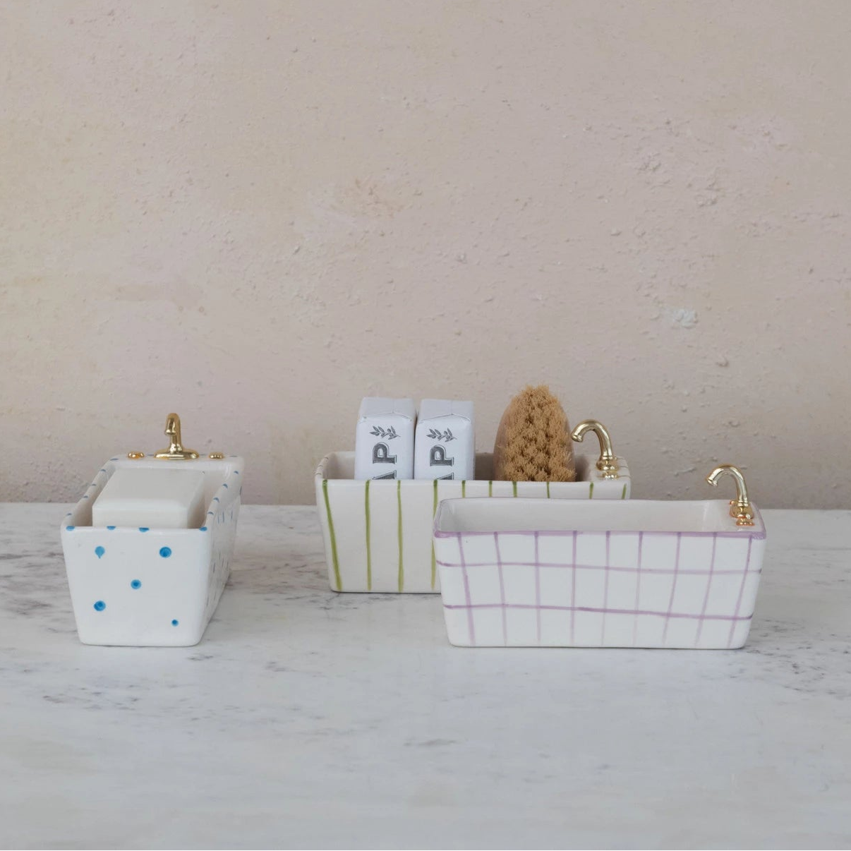 Stoneware Bathtub Shaped Dish with Pattern & Gold Electroplating