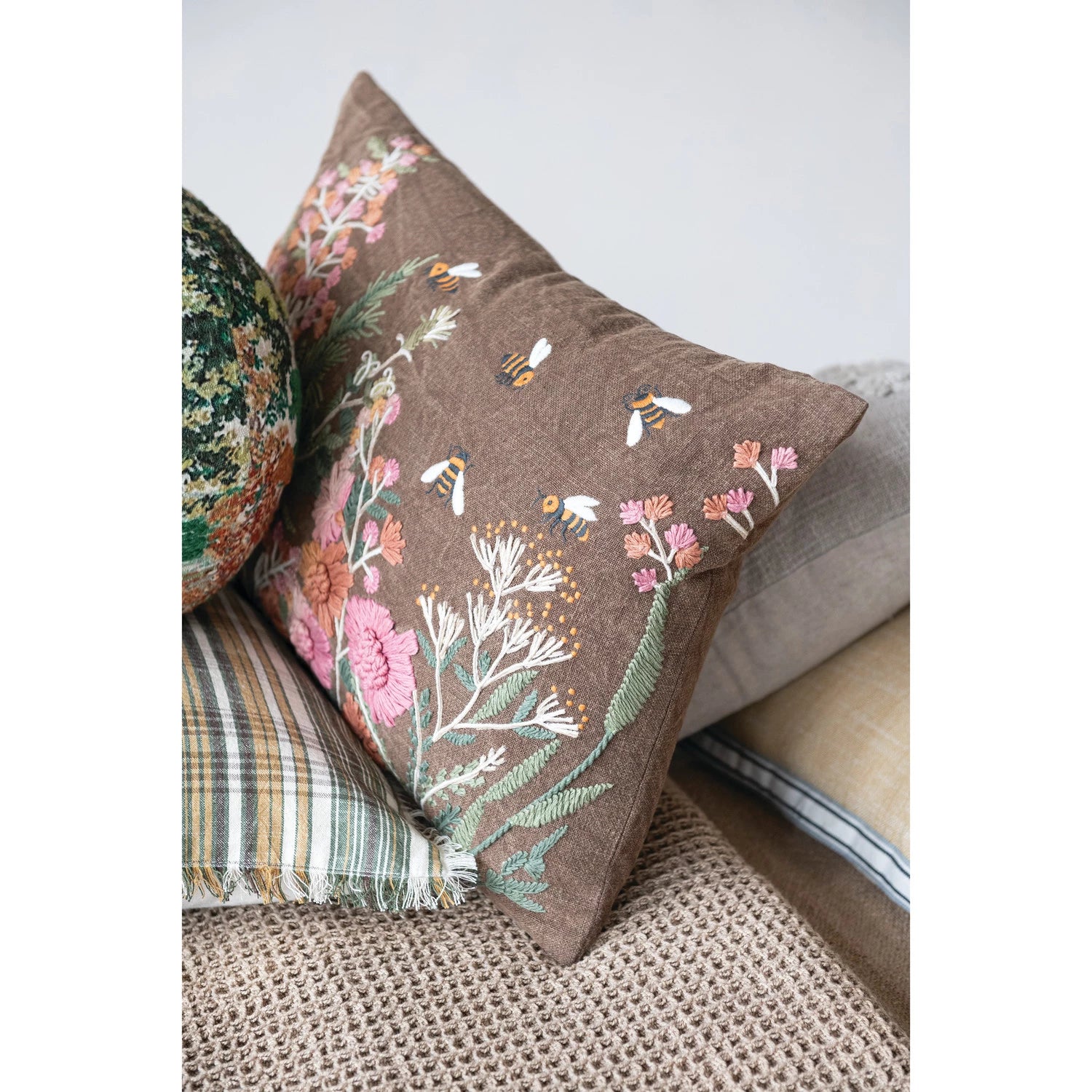 Flowers & Bees Hand Embroidered Lumbar Pillow