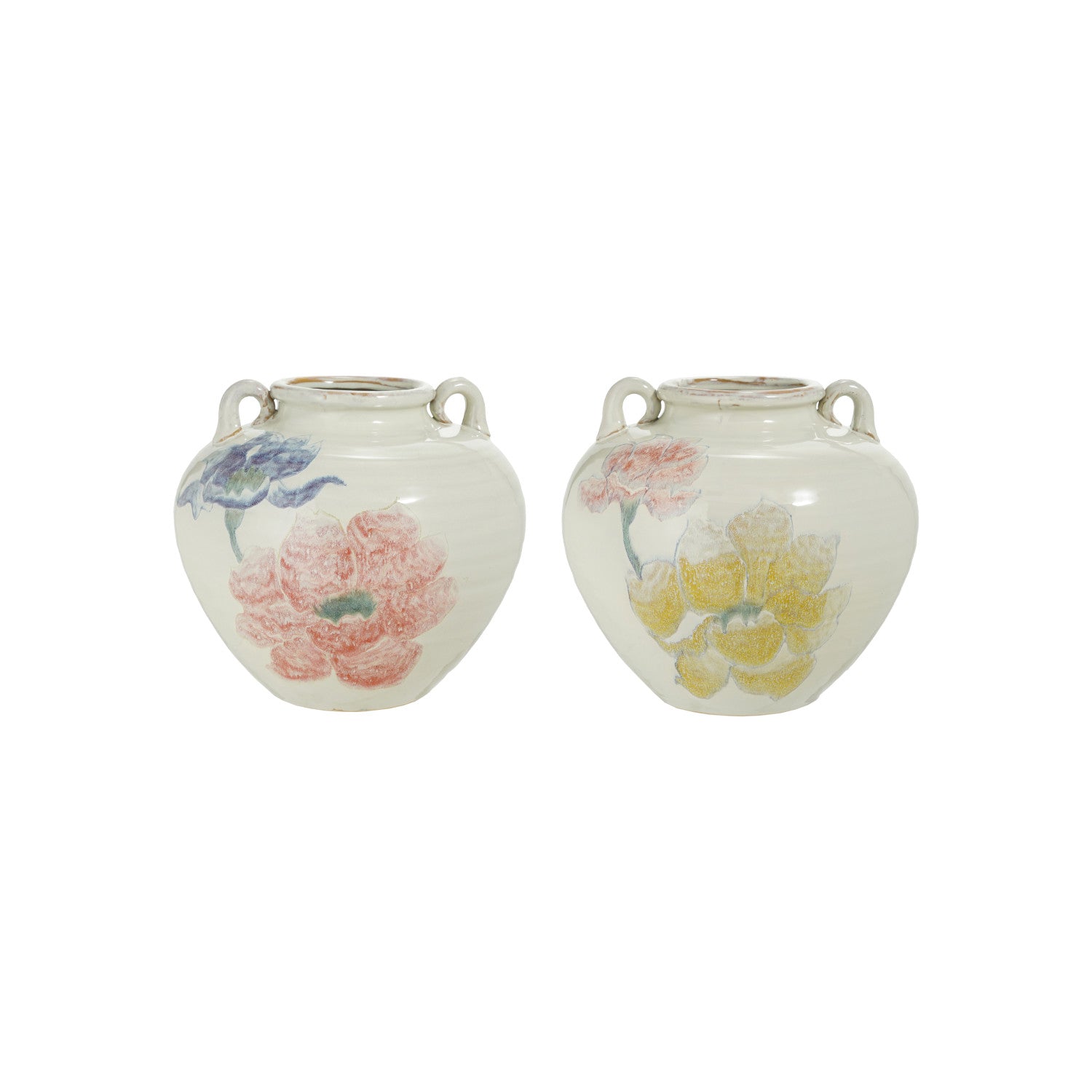 Hand-Painted Stoneware Urn with Flowers