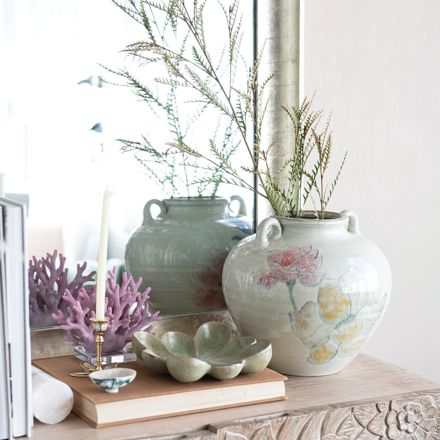Hand-Painted Stoneware Urn with Flowers