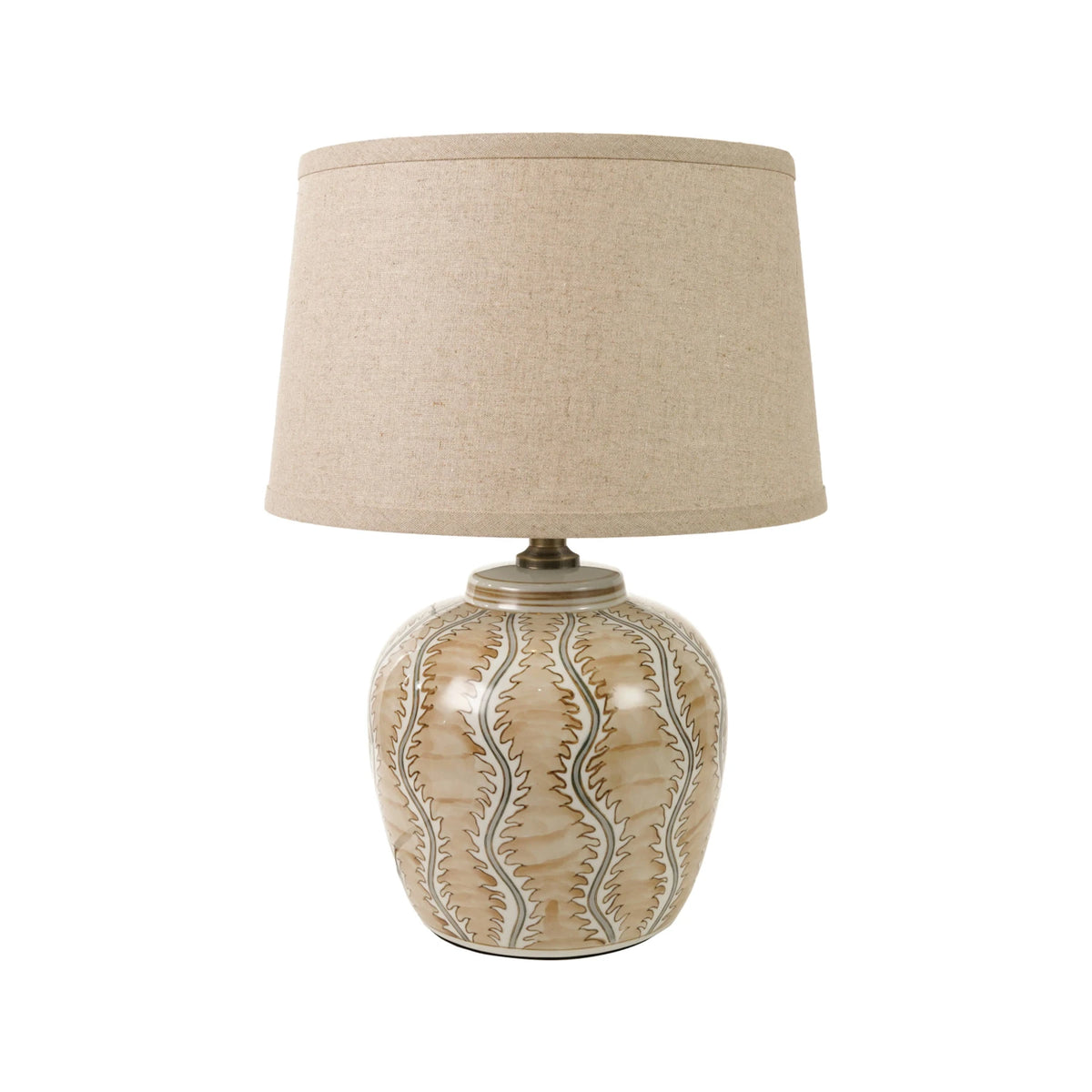 Hand-Painted Stoneware Table Tan & White Lamp with Linen Shade & Inline Switch