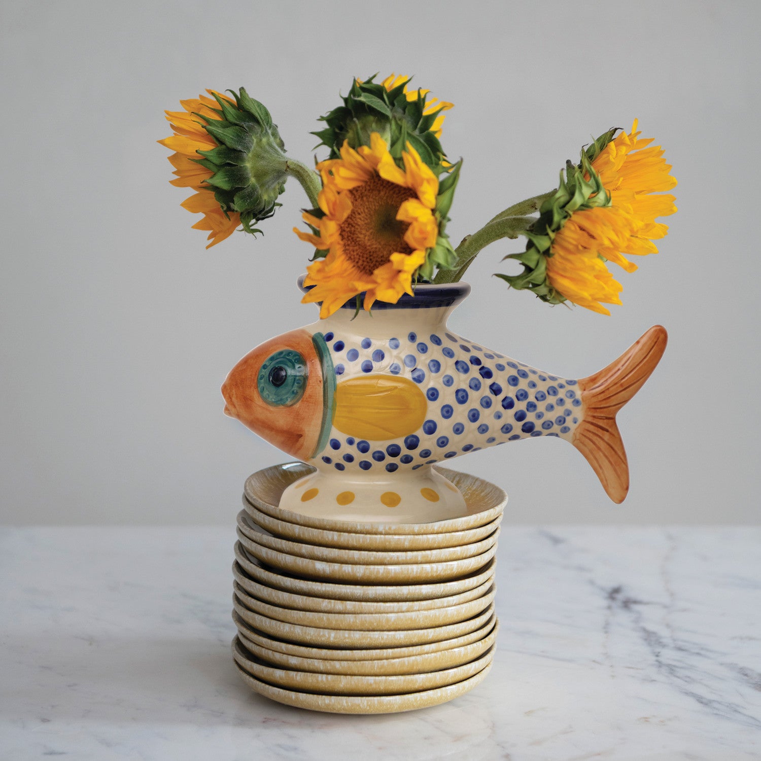 Hand-Painted Stoneware Footed Fish Shaped Vase