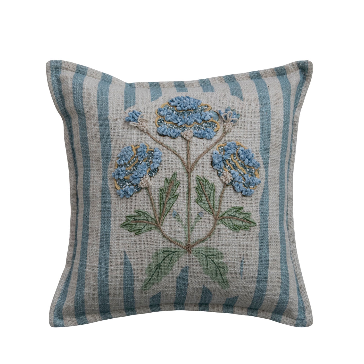 Cotton Printed Striped Pillow with Hand-Embroidery