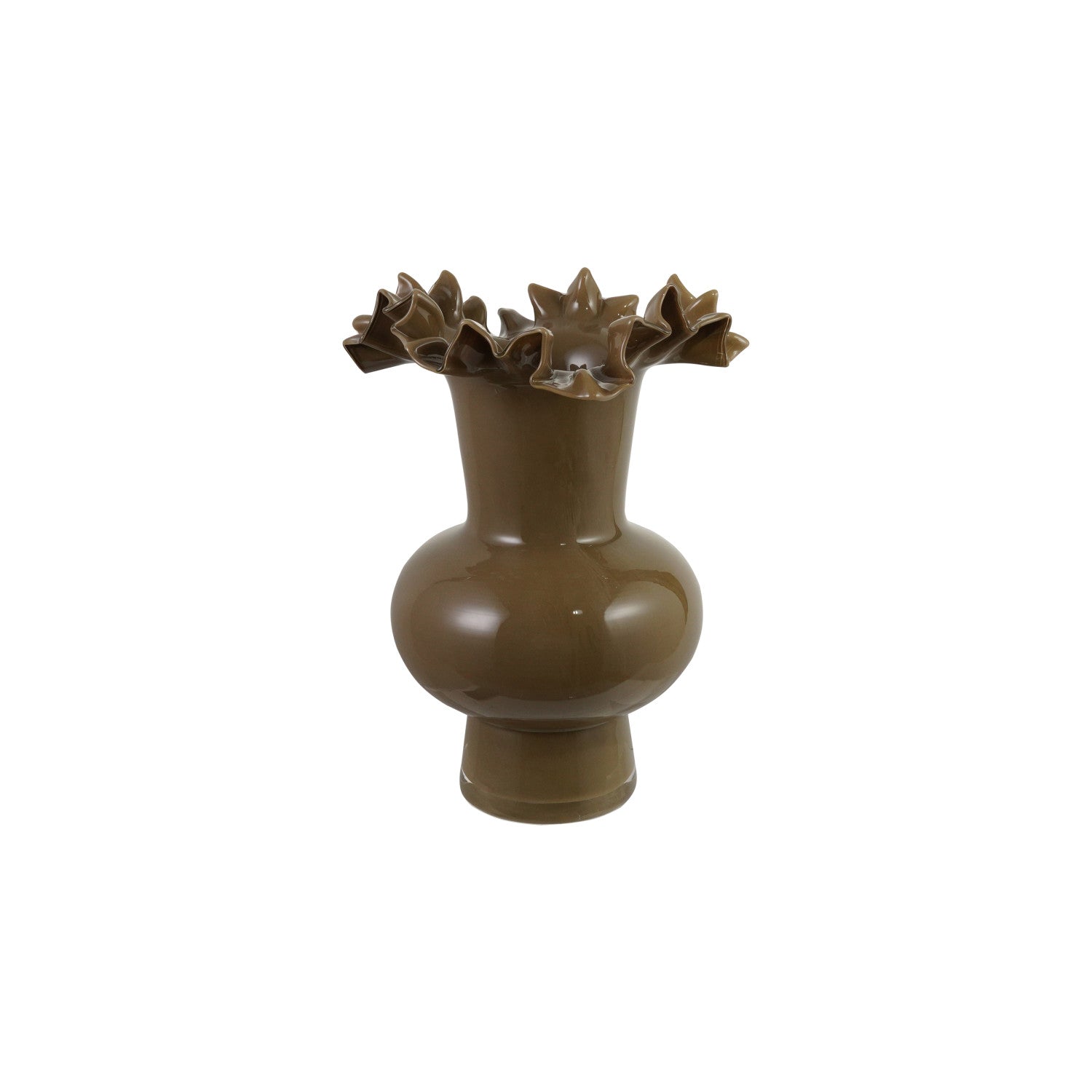 Olive Opaque Glass Footed Ruffled Vase