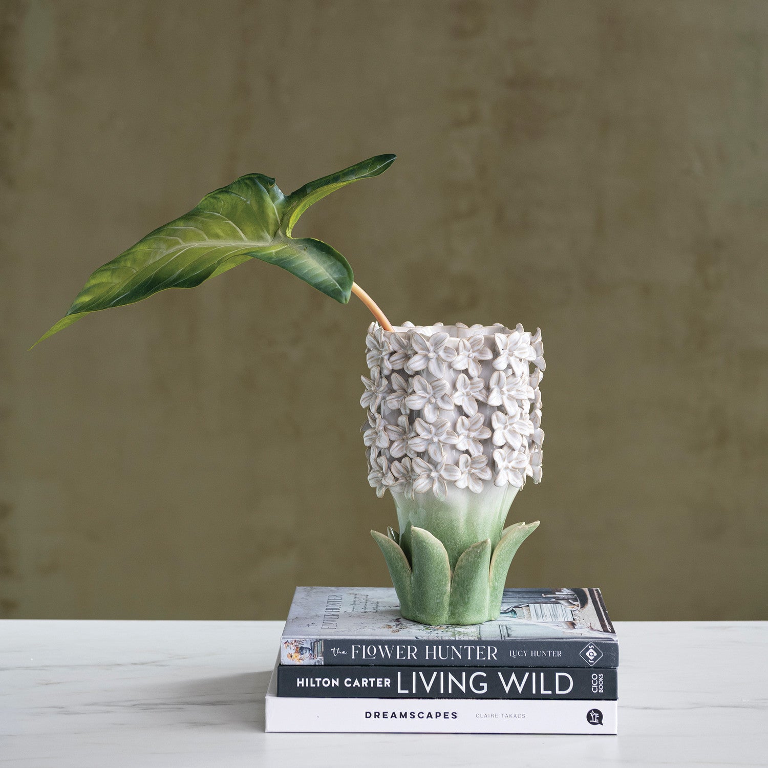 Stoneware Hyacinth Vase with 3D Flowers & Leaves