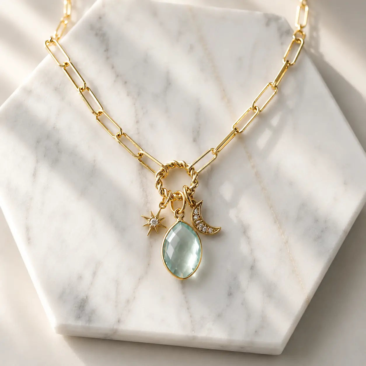 Aquamarine Quartz Moon and Star Necklace
