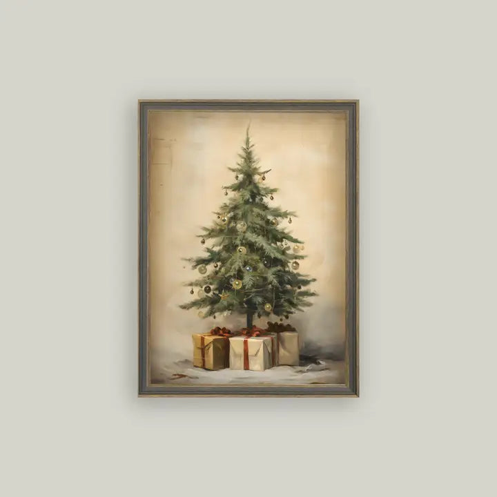 Christmas Tree with Presents Framed Antique Art