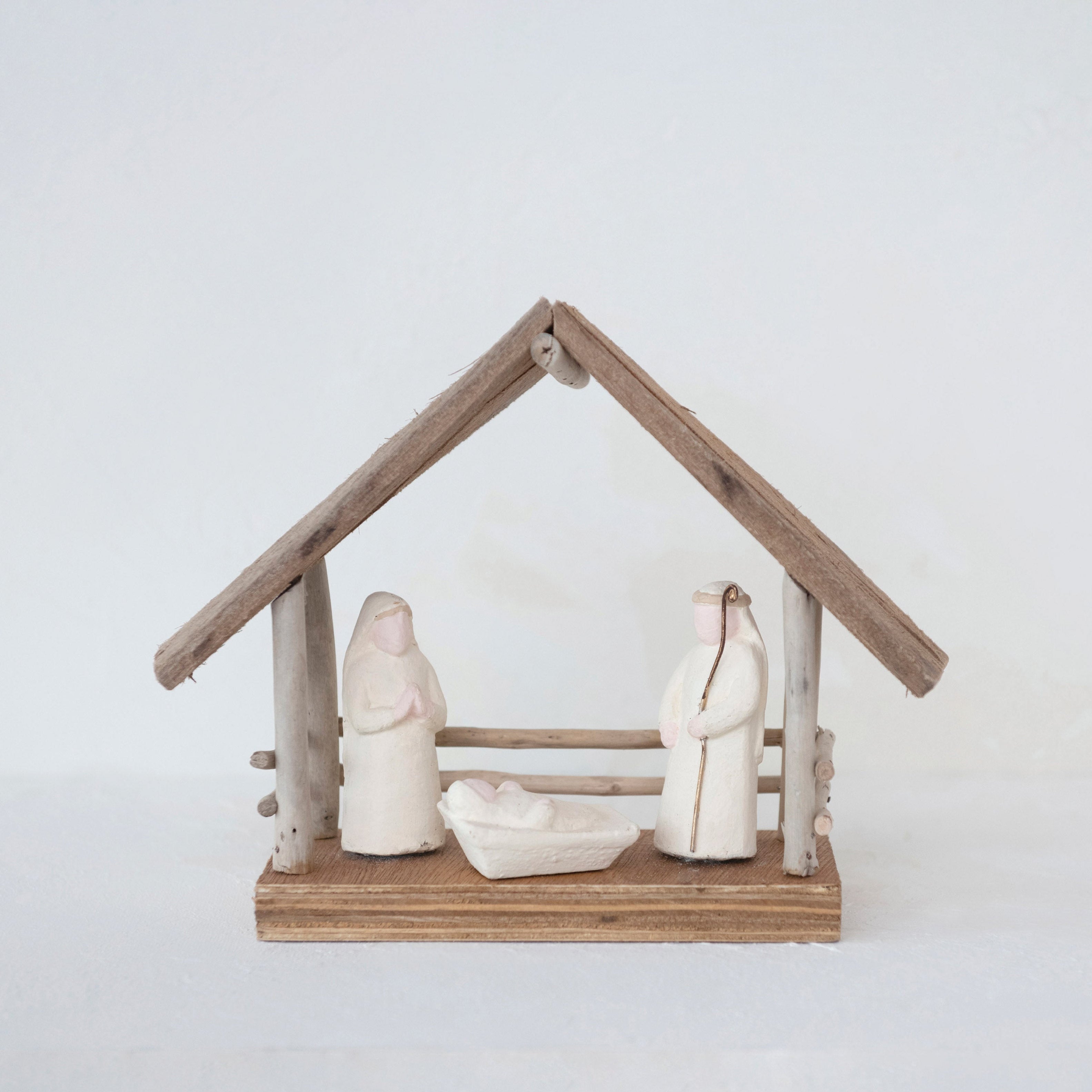 Handmade Driftwood and Paper Mache Nativity with Wood Base