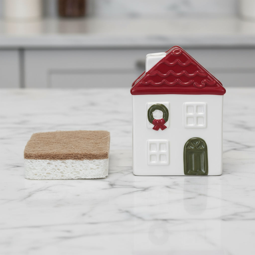 Stoneware House Shaped Sponge Holder with Sponge