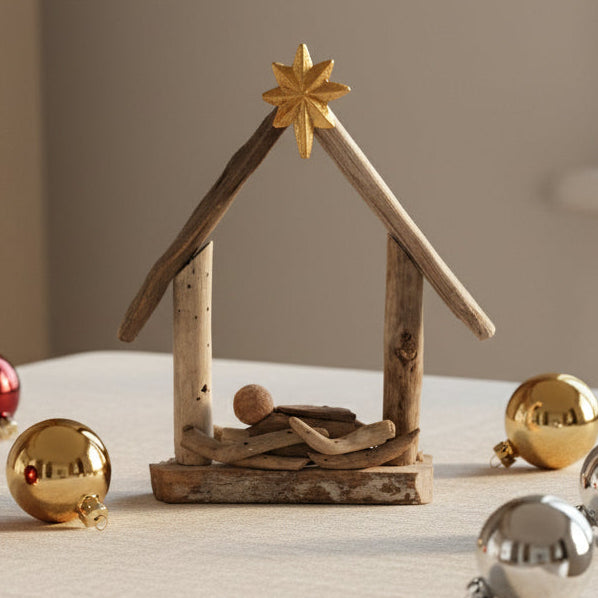 Handmade Driftwood Wood Baby Jesus in Manger