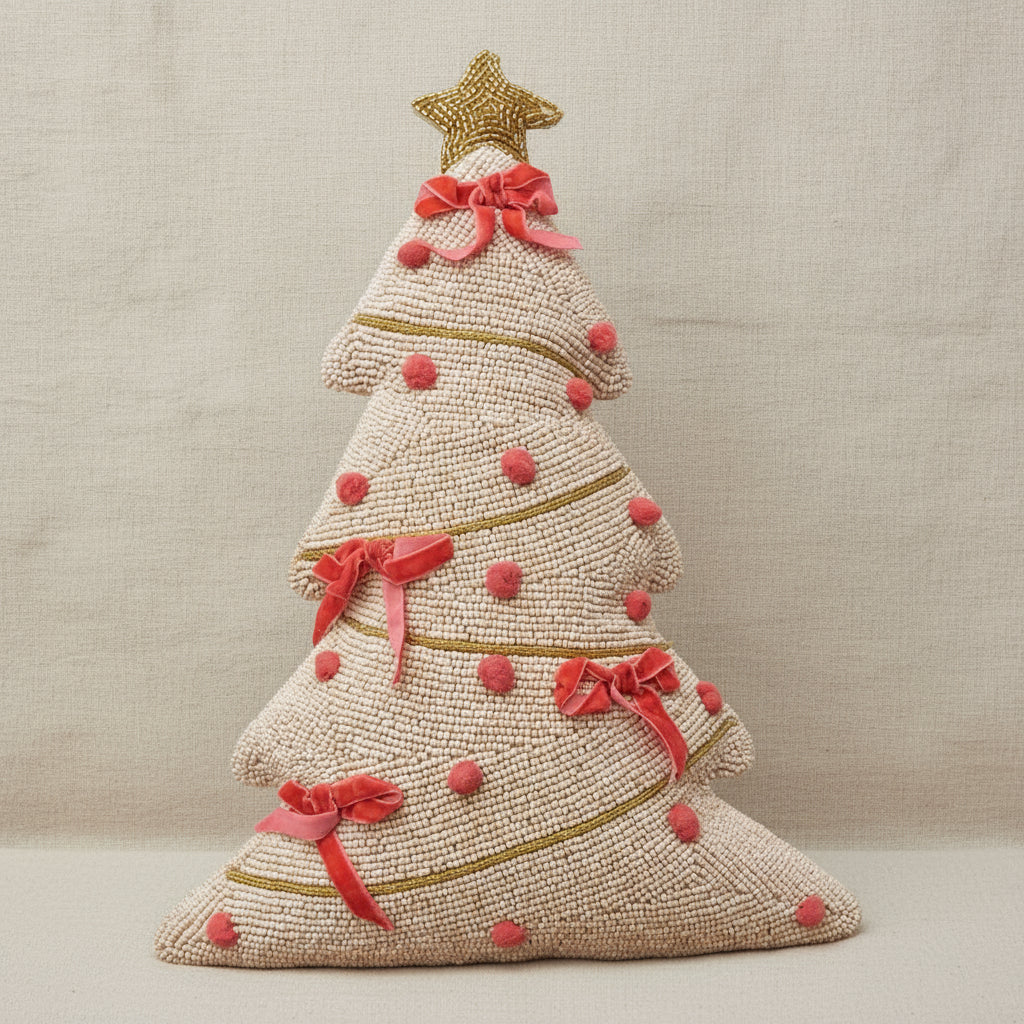 Beaded Tree Shaped Pillow with Hand-Embroidery