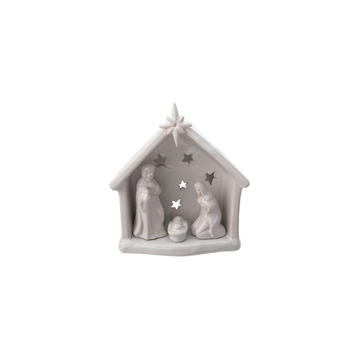 Stoneware Holy Family Tealight Holder with Star Cut-Outs
