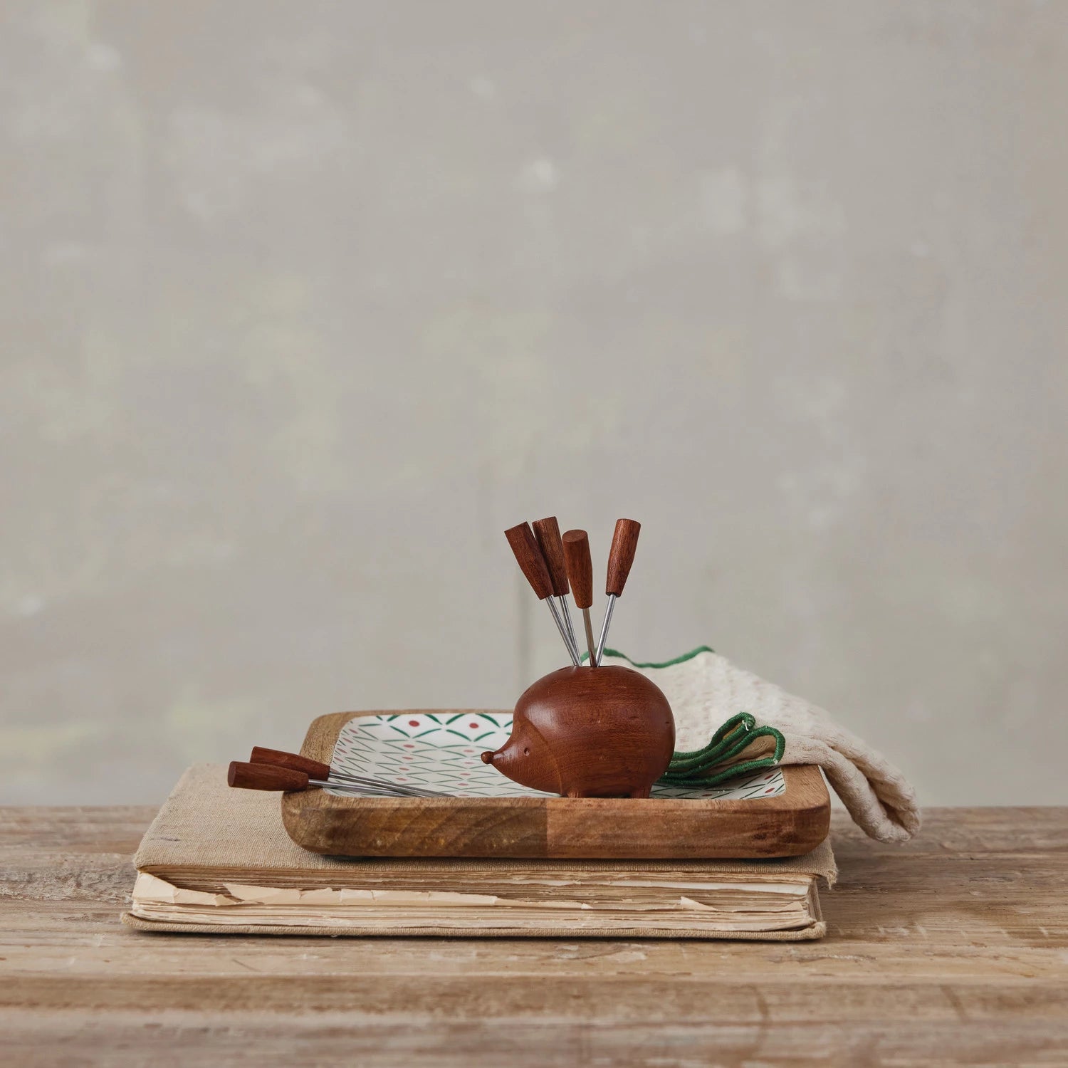 Wood Hedgehog Shaped Holder with (6) Appetizer Picks