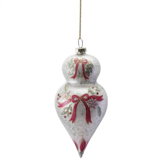 Hand-Painted Glass Ornament with Design/Velvet Bow