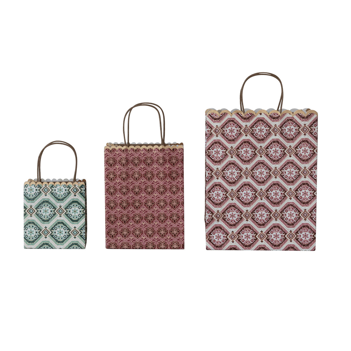 Block Printed Scalloped Paper Gift Bags with Patterns