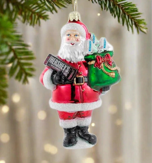 Hershey Glass Ornament - santa w/bar