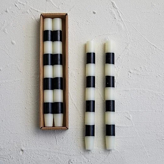 10"H Unscented Taper Candles with Black & White Stripes in Box, Set of 2