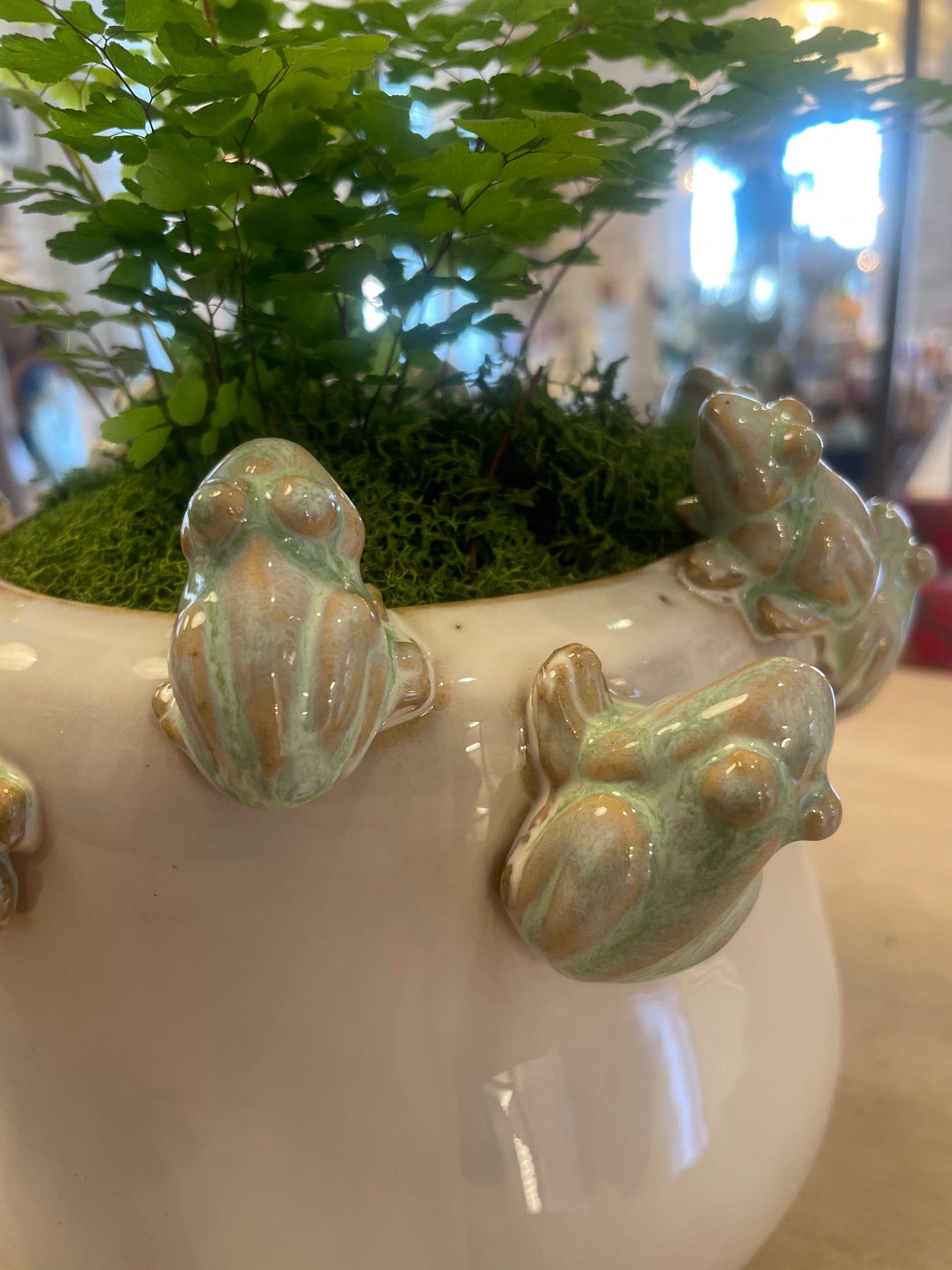 Stoneware Planter w/ Frogs on Rim, Reactive Glaze, White & Green