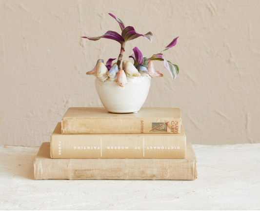 Stoneware Planter w/Birds on Rim 4"