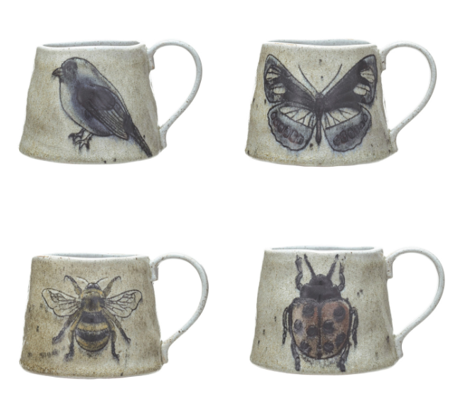 18oz Stoneware Mug w/ Insect/Bird 4 Styles