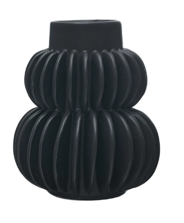 Handmade Pleated Stoneware Vase, Matte Black