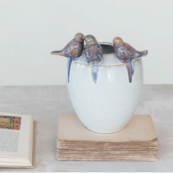 Stoneware Planter/Vase with Blue Birds