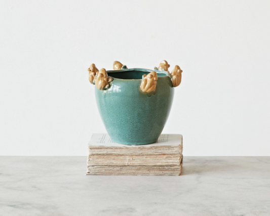 Stoneware Planter w/ Frogs on Rim Green/Brown