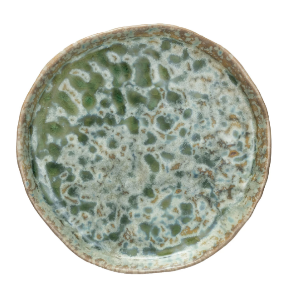 Green Stoneware Plate, Reactive Crackle Glaze