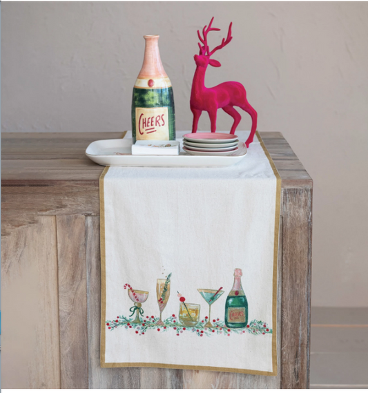 Cotton Printed Table Runner w/ Holiday Cocktails & Gold Trim, Multi Color