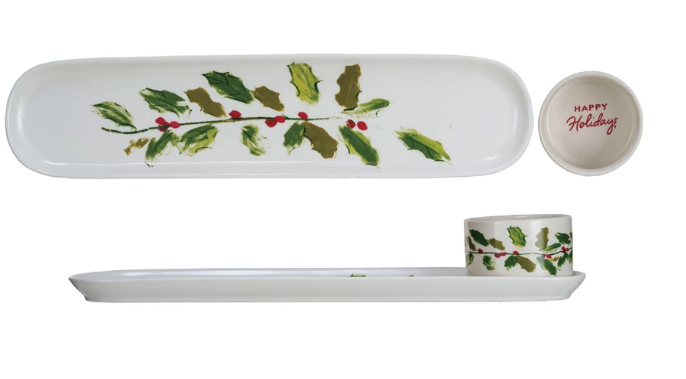 Stoneware Platter & Dish w/ Holly Leaves & Berries "Happy Holidays", Set of 2