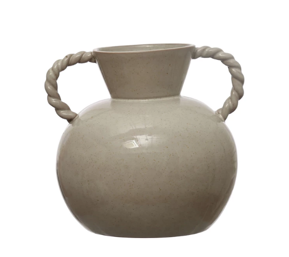 Stoneware Vase w/ Twisted Handles, Reactive Glaze