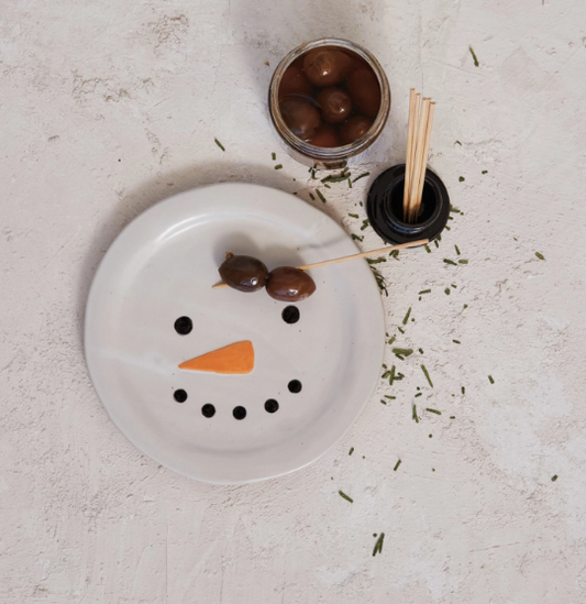 Embossed Stoneware Snowman Plate w/ Hat Toothpick Holder, Set of 2