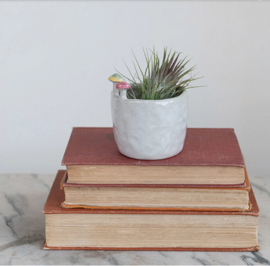 Stoneware Cup/Planter with Mushrooms on Rim