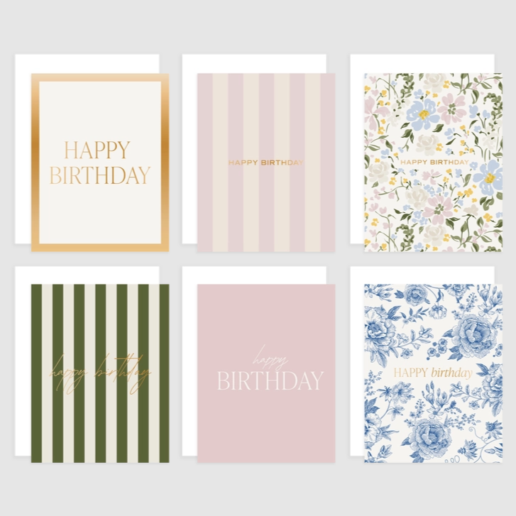 Set of six birthday cards with different designs on a white background