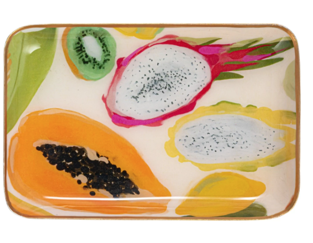 Enameled Metal Trays with Fruit or Green Swirl & Gold Rim