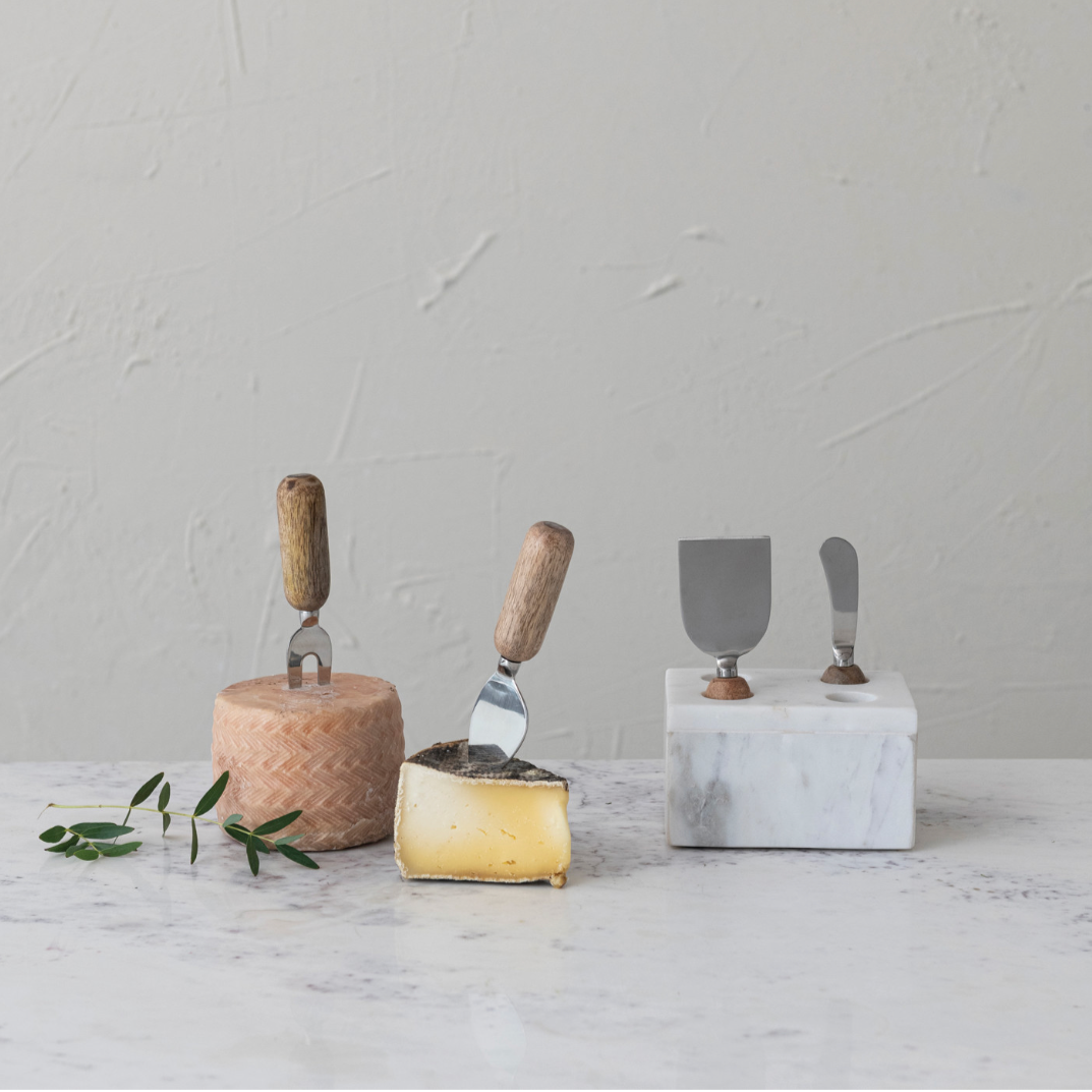 Marble base w/ wood handle cheese knives