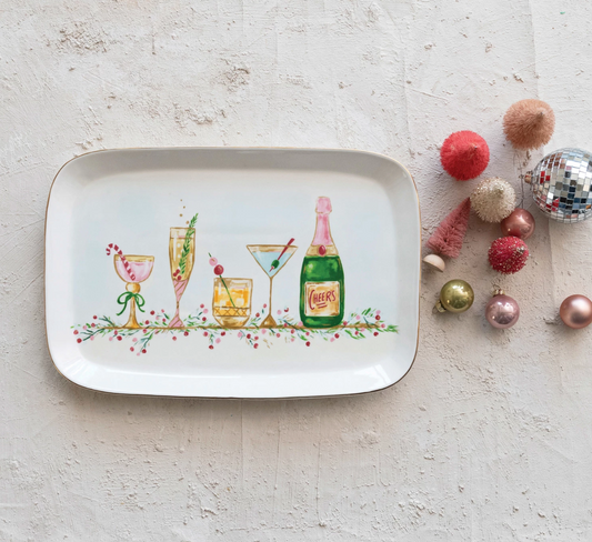 Stoneware Platter w/ Holiday Cocktails & Gold Electroplating, Multi Color