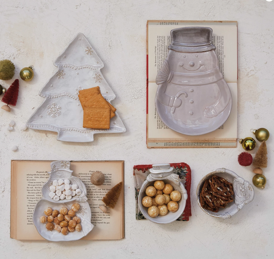 Stoneware Christmas Tree Shaped Plate w/ Snowflakes