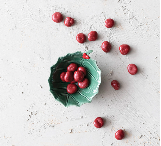 5-3/4"L x 4-3/4"W Stoneware Holly Leaf Bowl, Green and Red SKU#XS1330