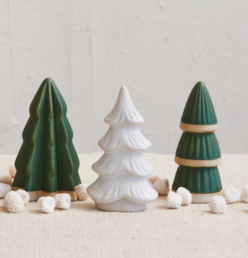 Stoneware Trees, Green, White & Unglazed,