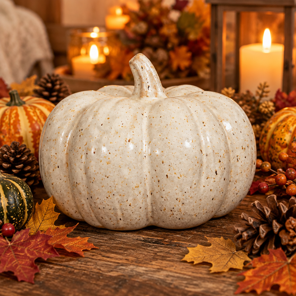 Stoneware Pumpkin, Reactive Glaze, Cream Color Speckled