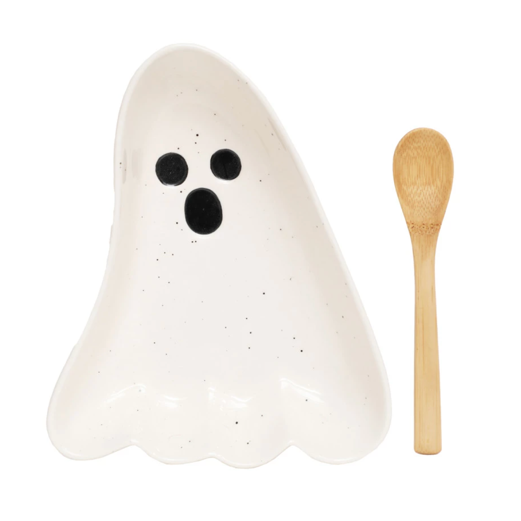Stoneware Ghost Shaped Dish with Spoon