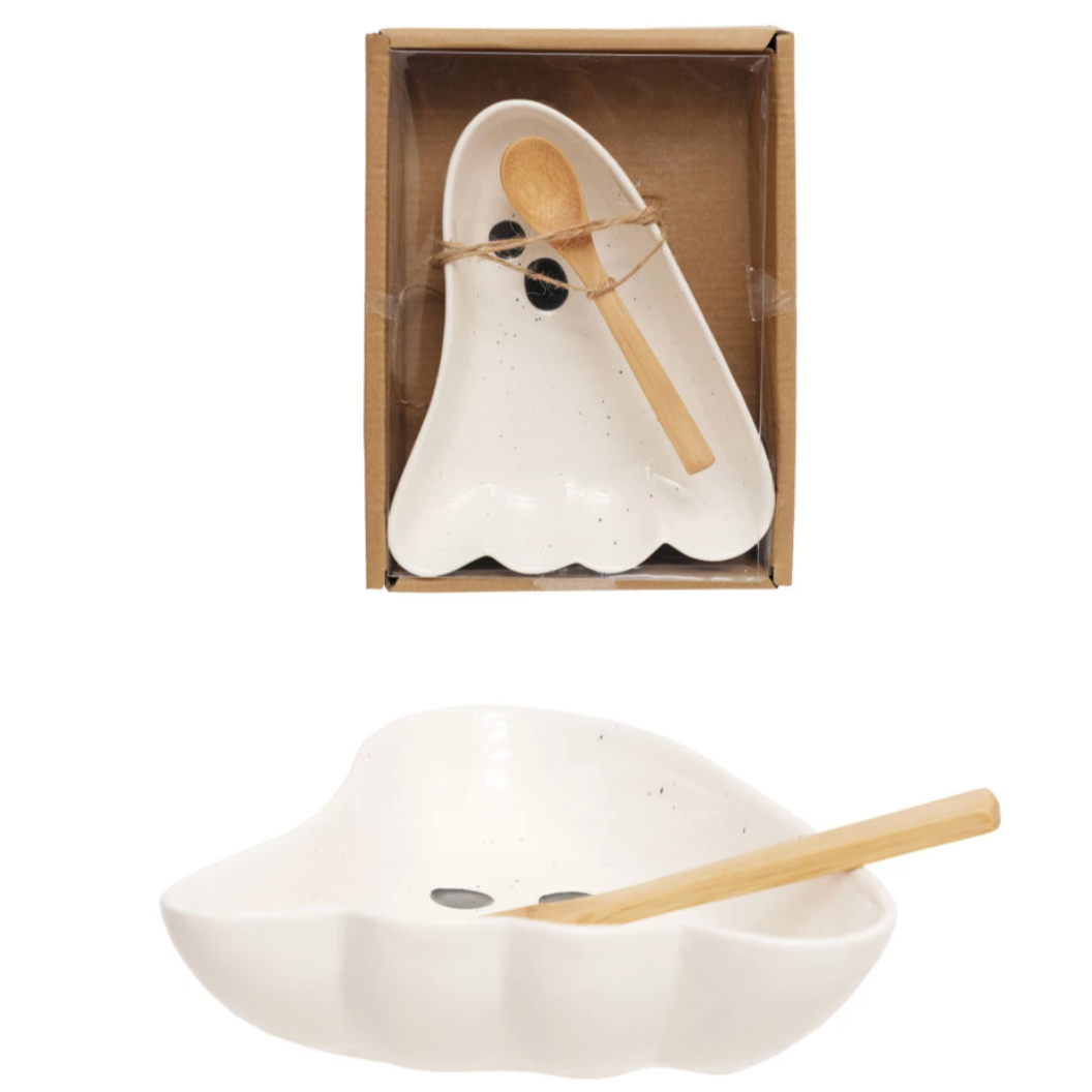 Stoneware Ghost Shaped Dish with Spoon