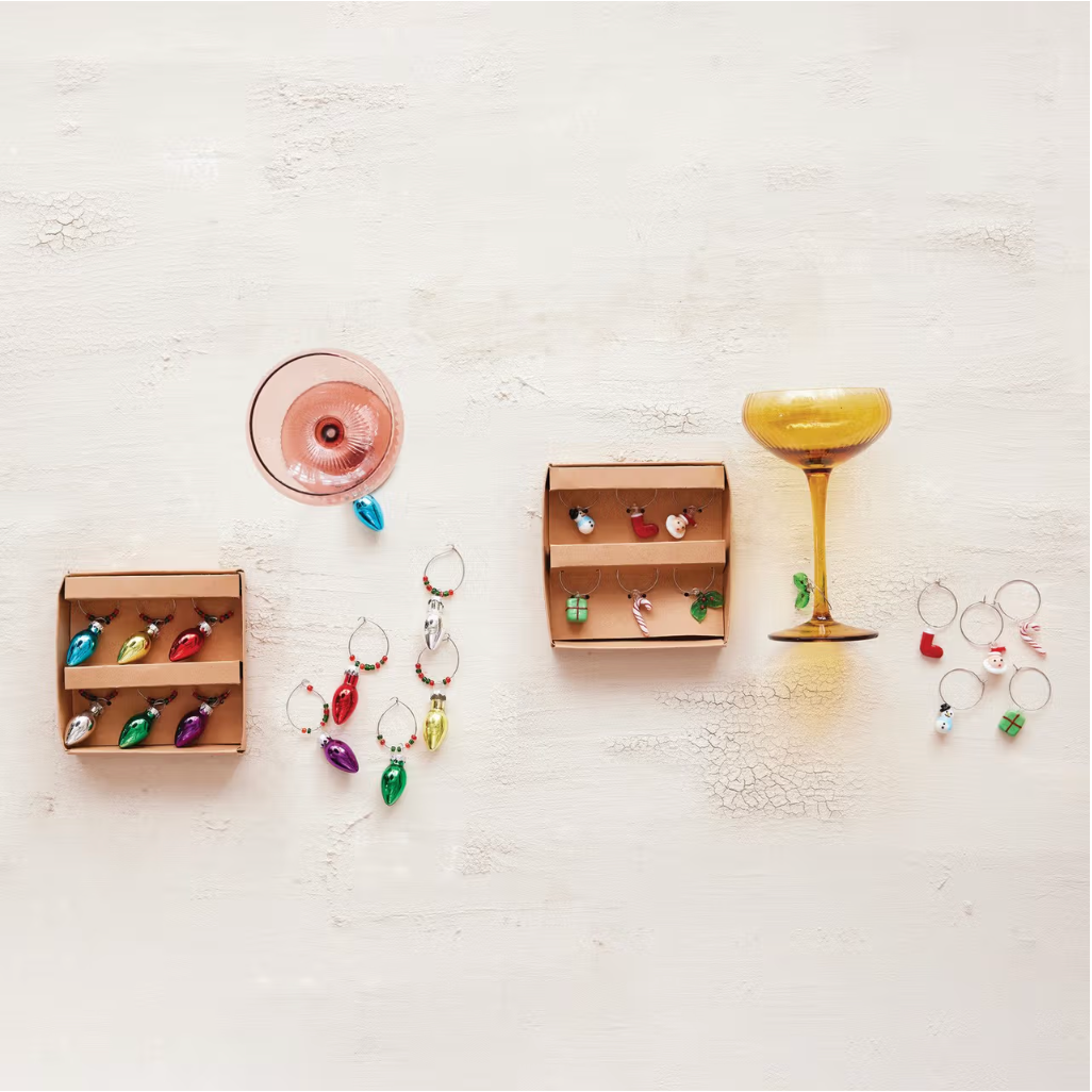 Blown Glass Holiday Icon Wine Glass Charms, Boxed Set of 6