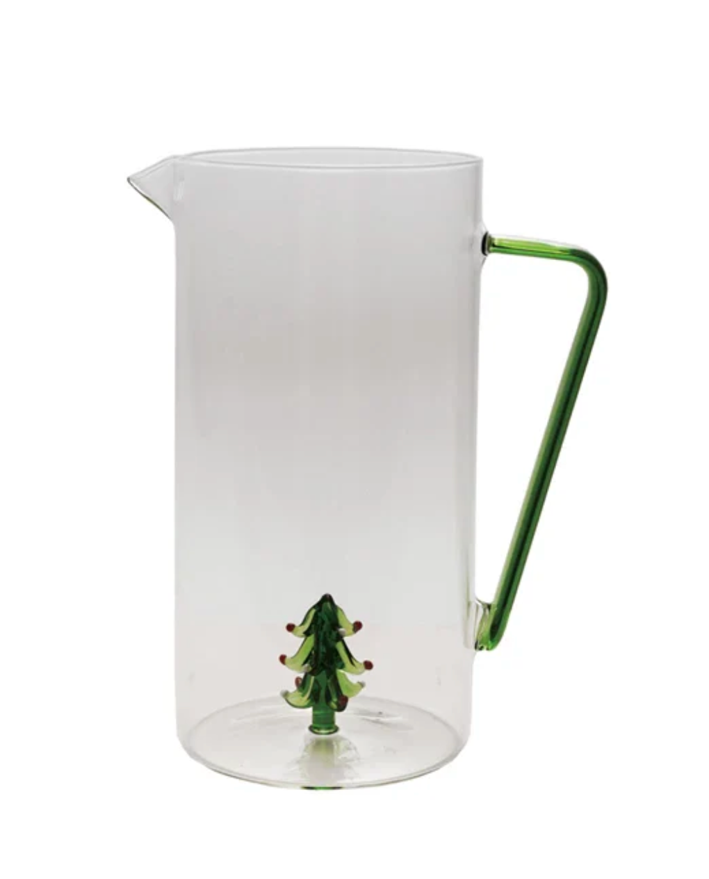 3 Quart Glass Pitcher with Green Handle & Hand-Blown Tree Inside