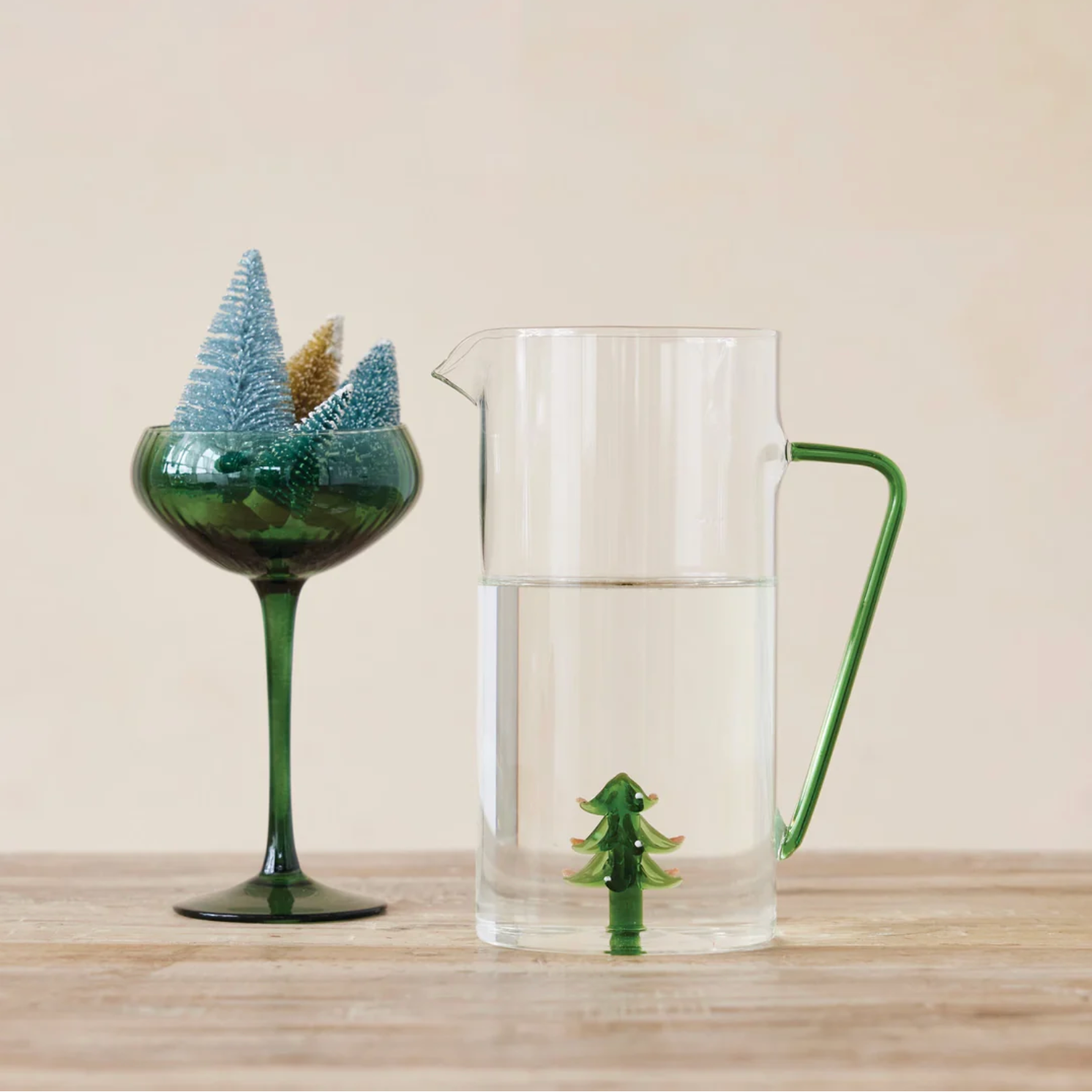 3 Quart Glass Pitcher with Green Handle & Hand-Blown Tree Inside