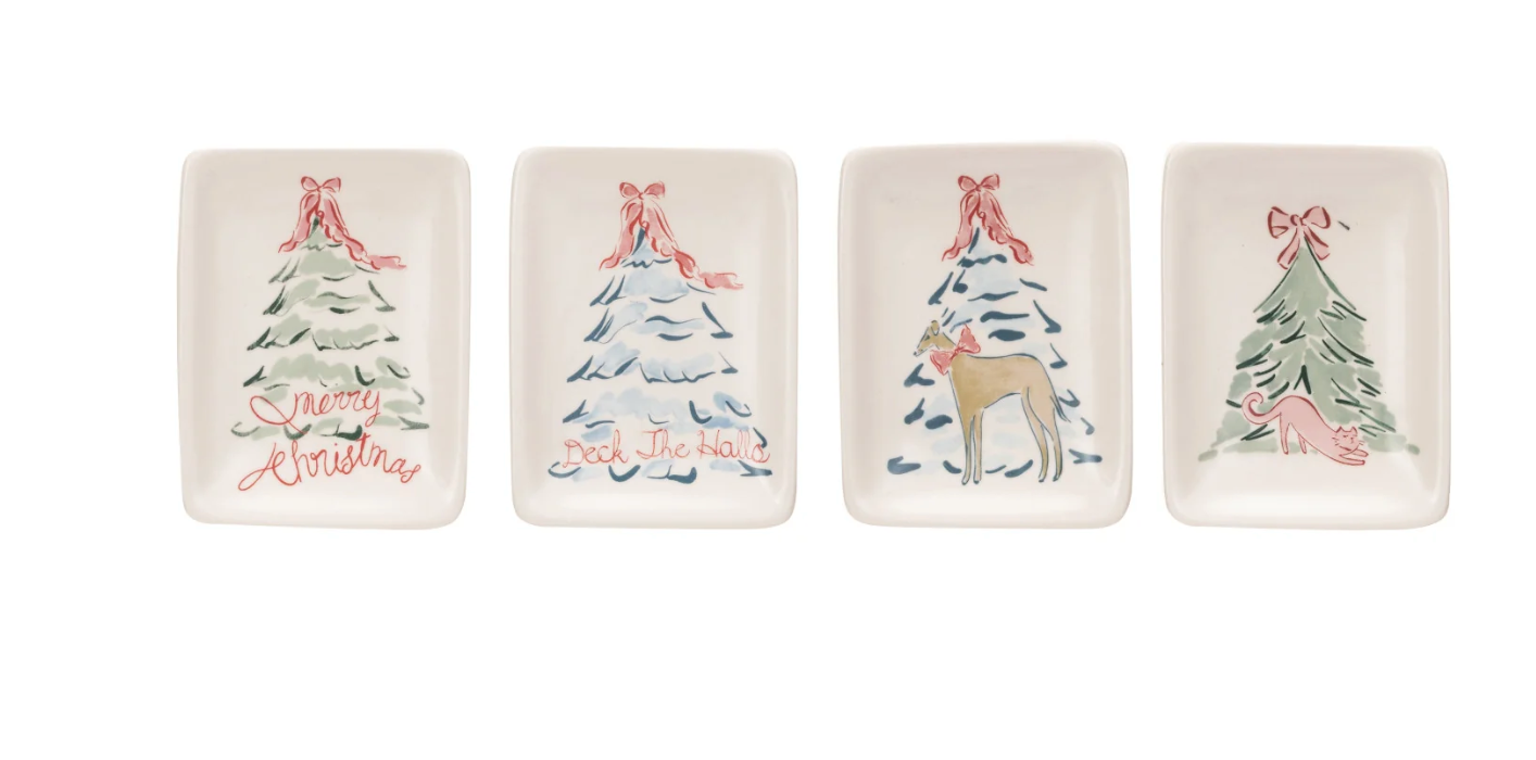 Stoneware Dish with Christmas Tree & Animal/Saying